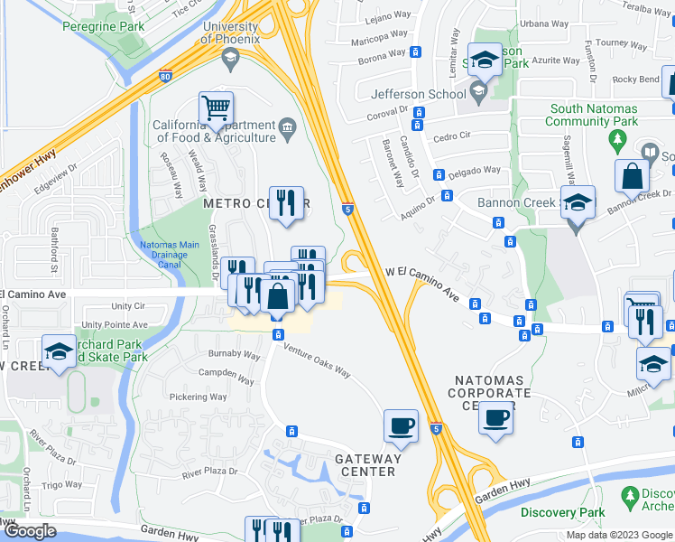 map of restaurants, bars, coffee shops, grocery stores, and more near 2618 Gateway Oaks Drive in Sacramento