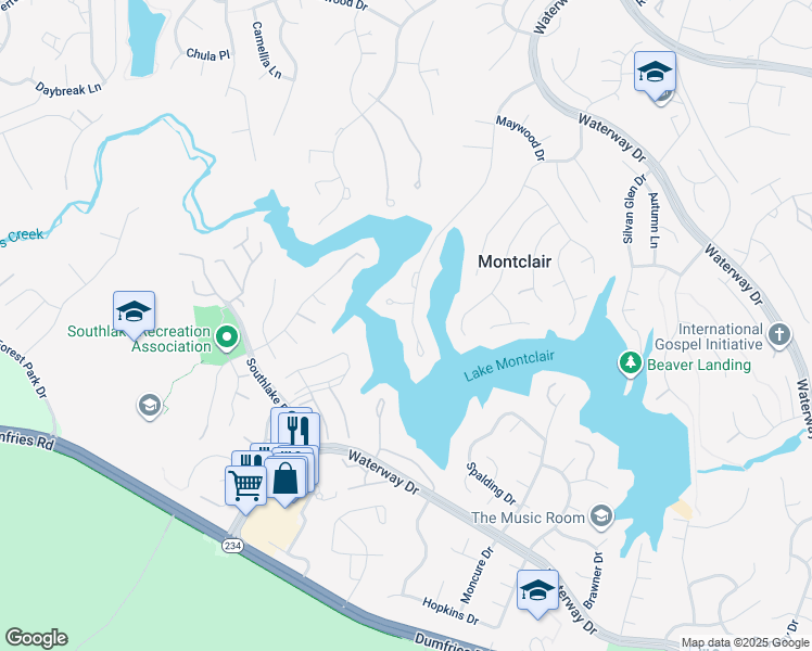 map of restaurants, bars, coffee shops, grocery stores, and more near 4740 Timber Ridge Drive in Dumfries