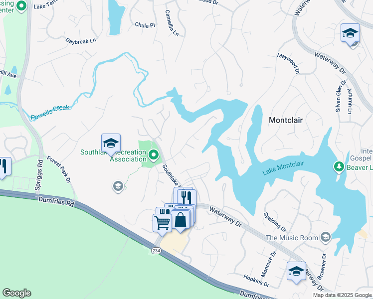 map of restaurants, bars, coffee shops, grocery stores, and more near 4977 Breeze Way in Dumfries