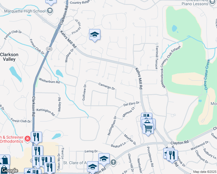 map of restaurants, bars, coffee shops, grocery stores, and more near 799 Andante Drive in Ballwin