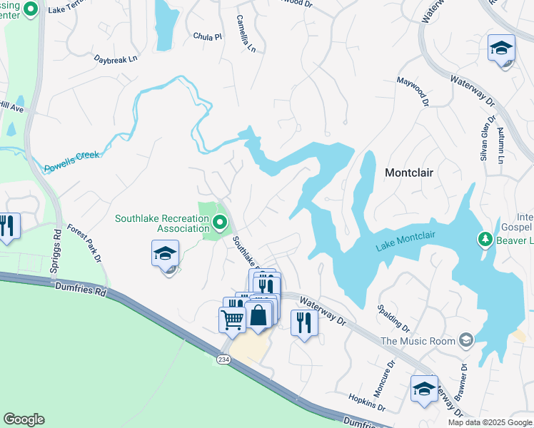 map of restaurants, bars, coffee shops, grocery stores, and more near 4977 Breeze Way in Dumfries