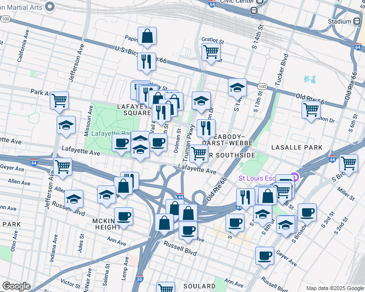 map of restaurants, bars, coffee shops, grocery stores, and more near 1618 Carroll Street in St. Louis