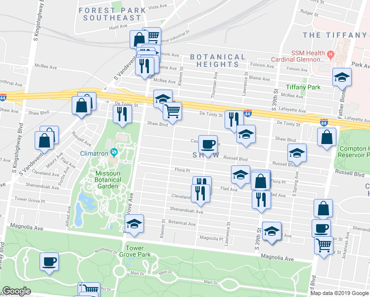 map of restaurants, bars, coffee shops, grocery stores, and more near 4126 Russell Boulevard in St. Louis