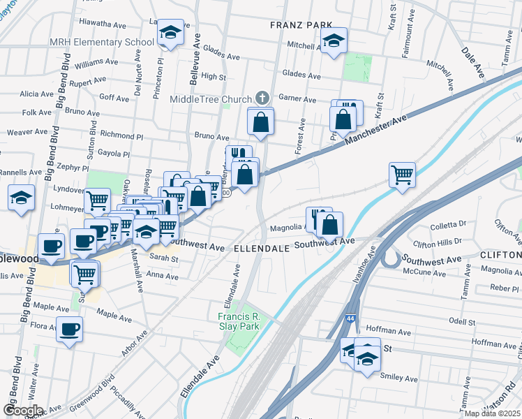map of restaurants, bars, coffee shops, grocery stores, and more near 6945 Magnolia Avenue in St. Louis
