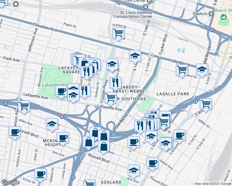 map of restaurants, bars, coffee shops, grocery stores, and more near 1419 Carroll Street in St. Louis