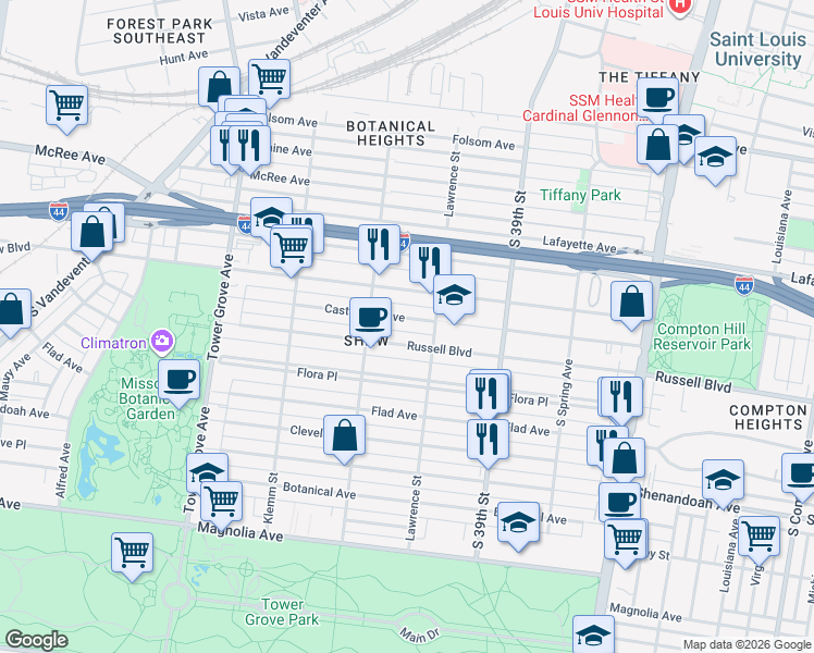 map of restaurants, bars, coffee shops, grocery stores, and more near 4021 Russell Boulevard in St. Louis