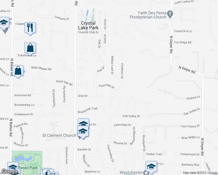 map of restaurants, bars, coffee shops, grocery stores, and more near 1911 Firethorn Drive in Des Peres
