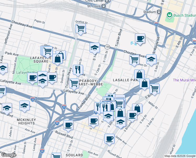 map of restaurants, bars, coffee shops, grocery stores, and more near 1203 Park Avenue in St. Louis
