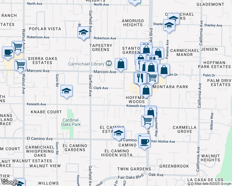 map of restaurants, bars, coffee shops, grocery stores, and more near 5600 Beauchamp Court in Carmichael
