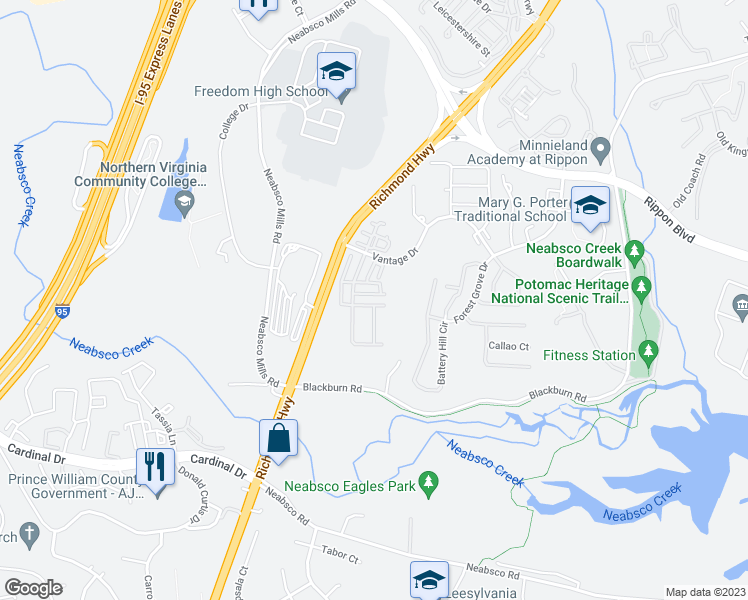 map of restaurants, bars, coffee shops, grocery stores, and more near 15805 John Diskin Circle in Woodbridge
