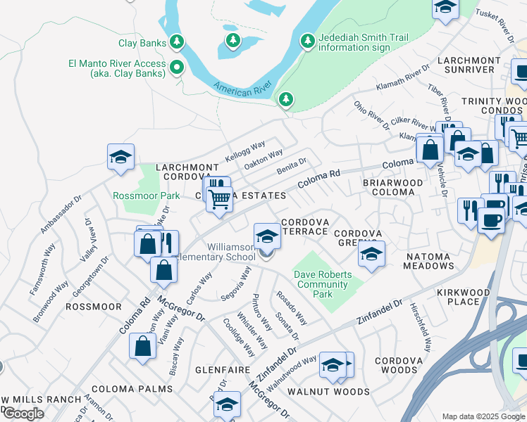 map of restaurants, bars, coffee shops, grocery stores, and more near 10853 Segovia Way in Rancho Cordova