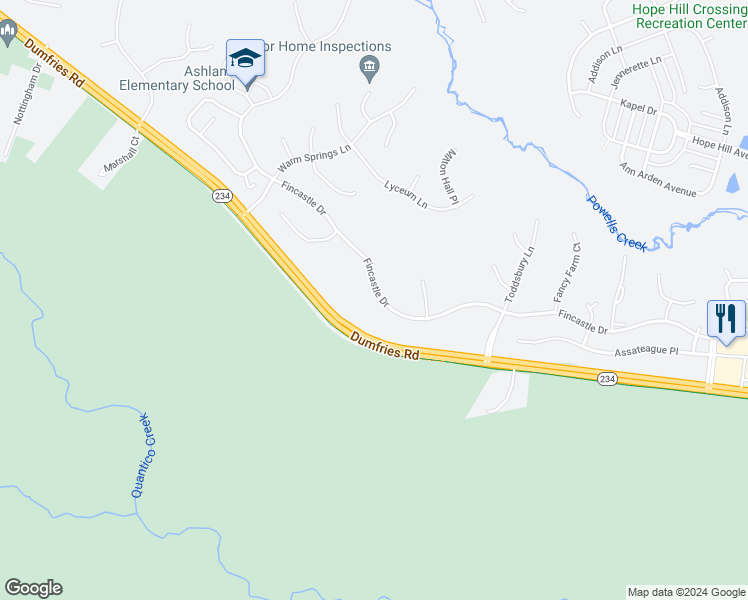 map of restaurants, bars, coffee shops, grocery stores, and more near 5939 Fincastle Drive in Manassas