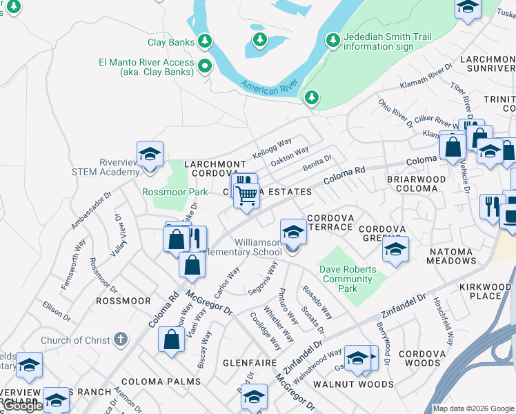 map of restaurants, bars, coffee shops, grocery stores, and more near 10795 Coloma Road in Rancho Cordova