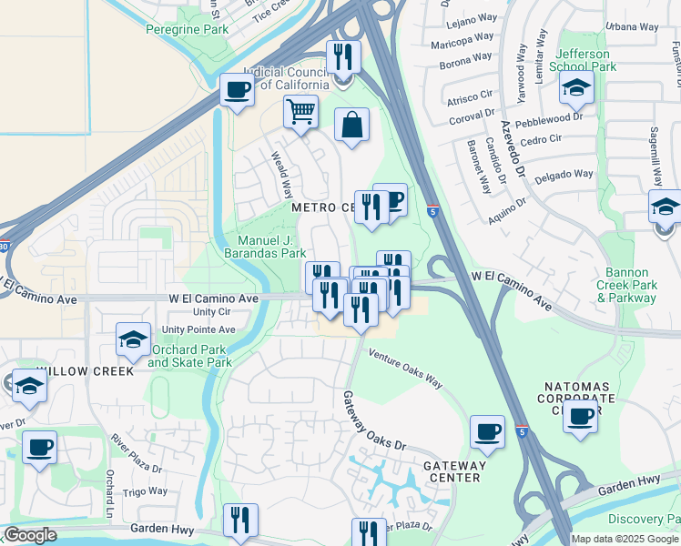 map of restaurants, bars, coffee shops, grocery stores, and more near 2800 Grasslands Drive in Sacramento