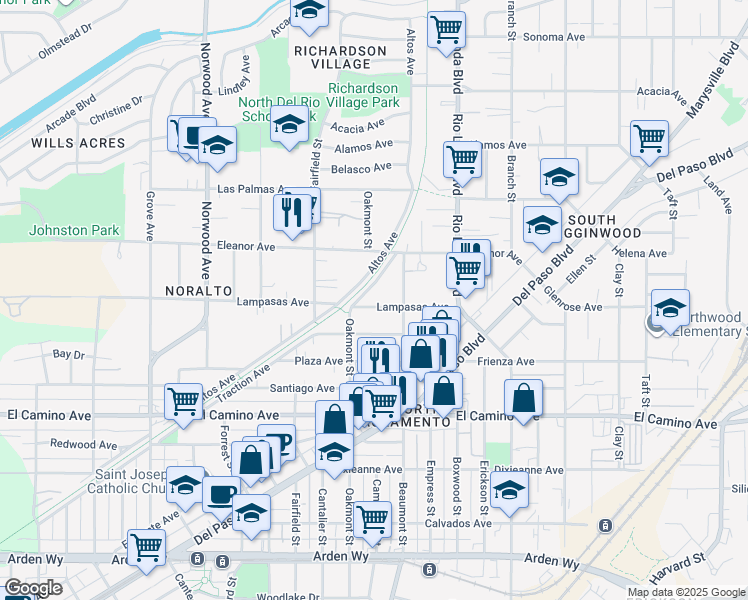 map of restaurants, bars, coffee shops, grocery stores, and more near 717 Lampasas Avenue in Sacramento