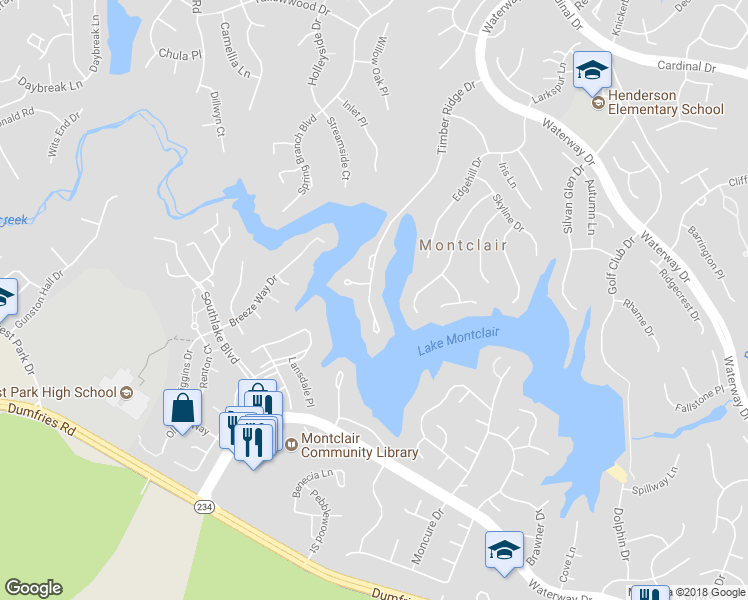 map of restaurants, bars, coffee shops, grocery stores, and more near 4737 Timber Ridge Drive in Dumfries