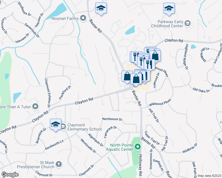 map of restaurants, bars, coffee shops, grocery stores, and more near 14973 Clayton Rd in Chesterfield