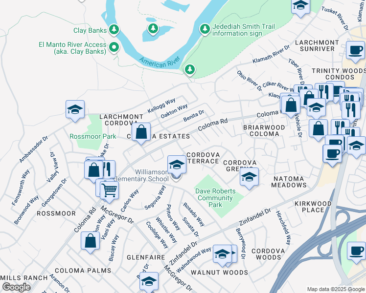 map of restaurants, bars, coffee shops, grocery stores, and more near 10853 Segovia Way in Rancho Cordova