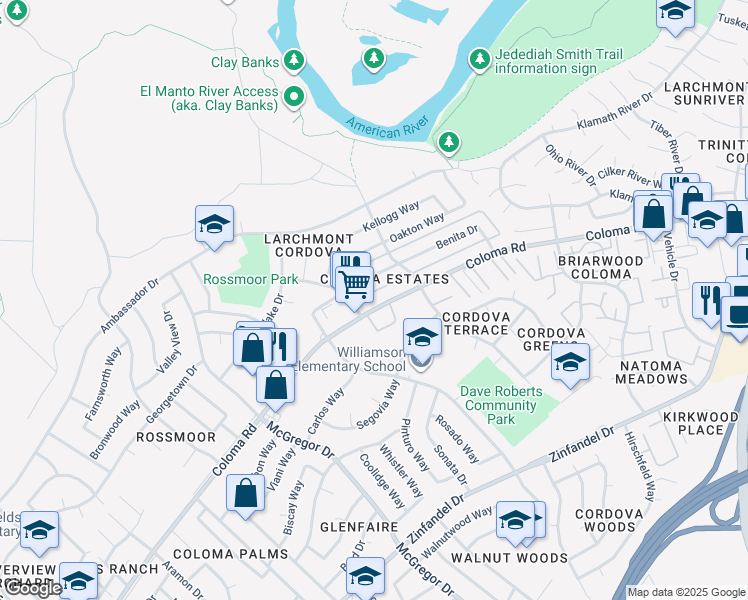 map of restaurants, bars, coffee shops, grocery stores, and more near 10795 Coloma Road in Rancho Cordova