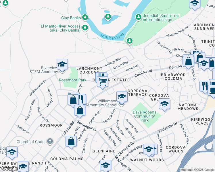 map of restaurants, bars, coffee shops, grocery stores, and more near 10795 Coloma Road in Rancho Cordova