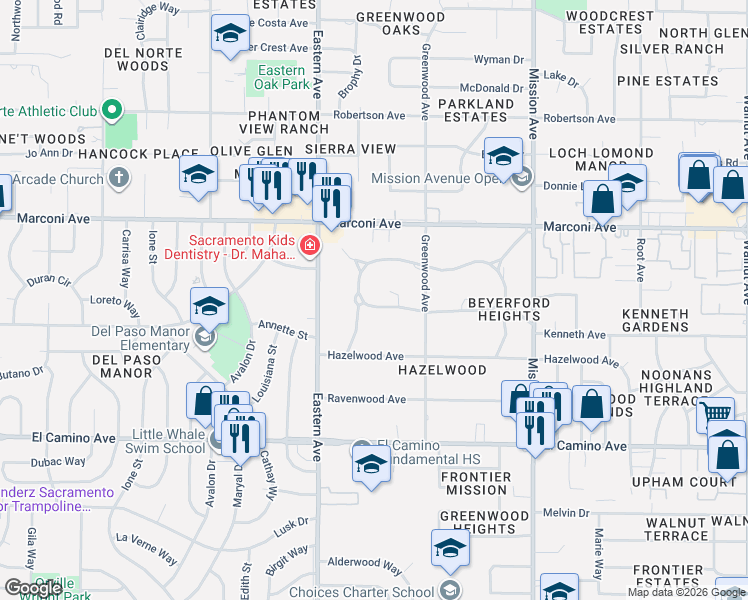 map of restaurants, bars, coffee shops, grocery stores, and more near 4422 South Park Drive in Sacramento