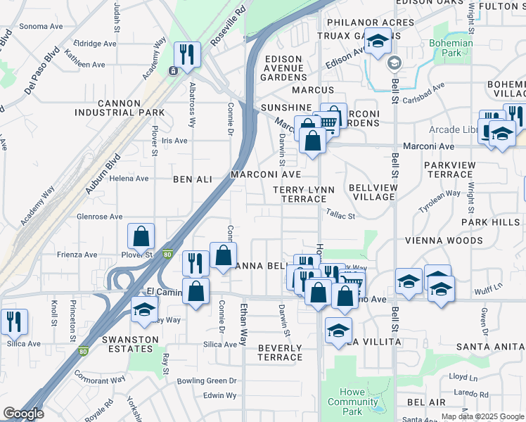 map of restaurants, bars, coffee shops, grocery stores, and more near 2030 Bluebird Lane in Sacramento