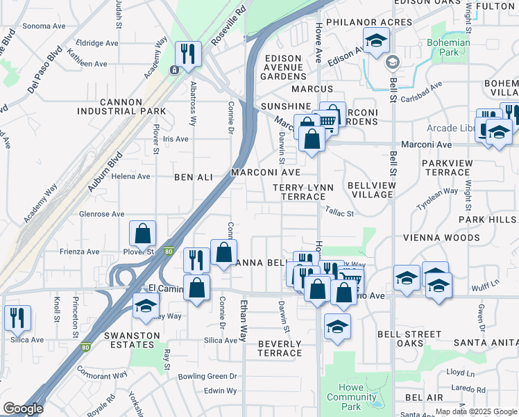 map of restaurants, bars, coffee shops, grocery stores, and more near 2030 Bluebird Lane in Sacramento