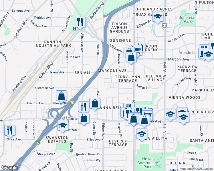 map of restaurants, bars, coffee shops, grocery stores, and more near 2030 Bluebird Lane in Sacramento