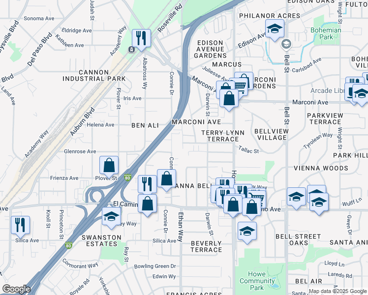 map of restaurants, bars, coffee shops, grocery stores, and more near 2030 Bluebird Lane in Sacramento
