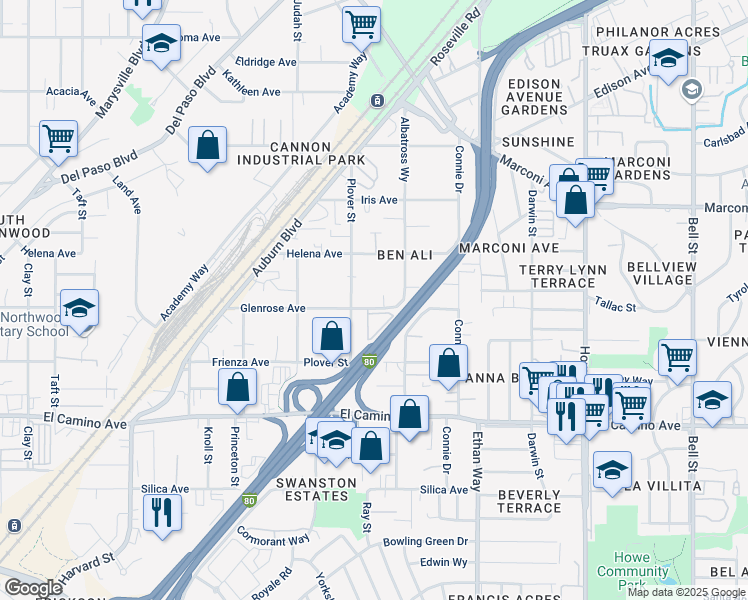 map of restaurants, bars, coffee shops, grocery stores, and more near 1804 Glenrose Avenue in Sacramento