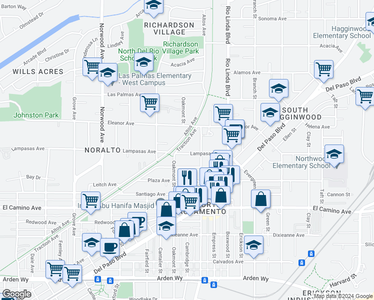 map of restaurants, bars, coffee shops, grocery stores, and more near 784 Lampasas Avenue in Sacramento