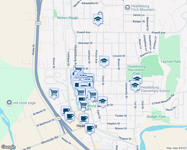 map of restaurants, bars, coffee shops, grocery stores, and more near 201 Piper Street in Healdsburg