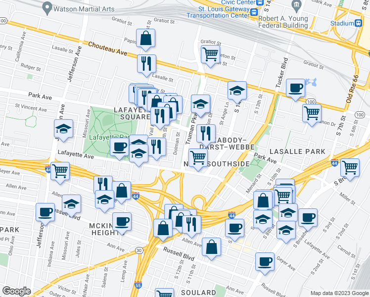 map of restaurants, bars, coffee shops, grocery stores, and more near 1618 Carroll Street in St. Louis