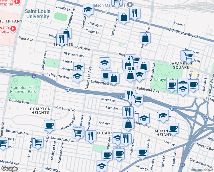 map of restaurants, bars, coffee shops, grocery stores, and more near 1723 Iowa Avenue in St. Louis