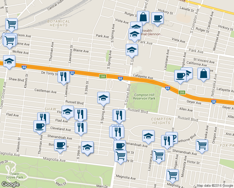 map of restaurants, bars, coffee shops, grocery stores, and more near 3643 Castleman Avenue in St. Louis