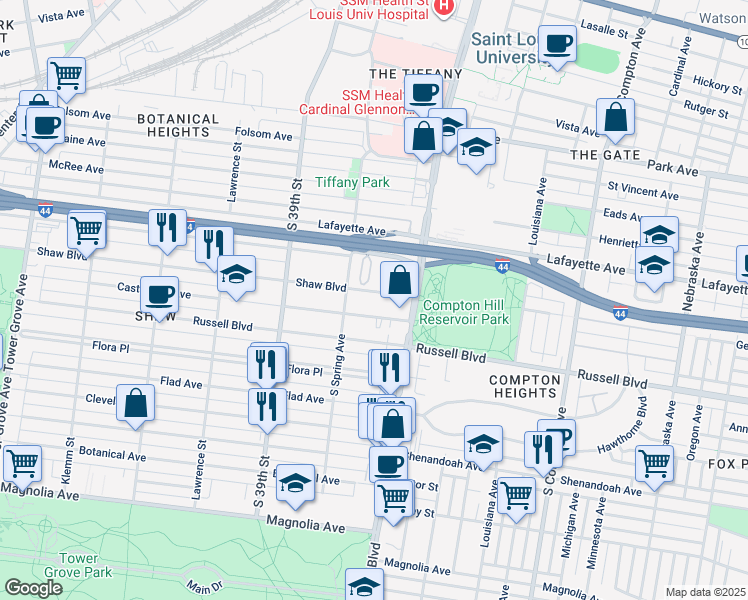 map of restaurants, bars, coffee shops, grocery stores, and more near 3643 Castleman Avenue in St. Louis