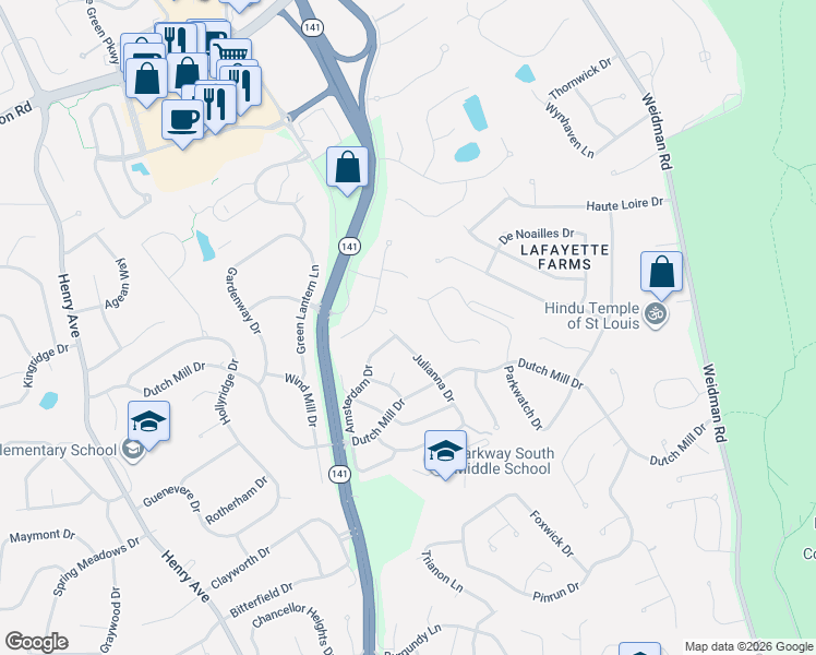 map of restaurants, bars, coffee shops, grocery stores, and more near 1018 Julianna Drive in Ballwin