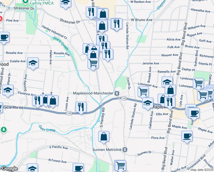 map of restaurants, bars, coffee shops, grocery stores, and more near 2600 South Hanley Road in St. Louis