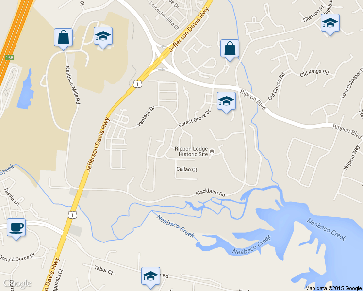 map of restaurants, bars, coffee shops, grocery stores, and more near 15527 Chicacoan Drive in Woodbridge