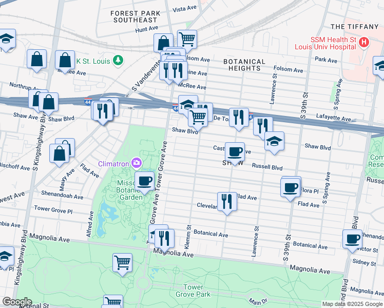 map of restaurants, bars, coffee shops, grocery stores, and more near 4211 Russell Boulevard in Saint Louis