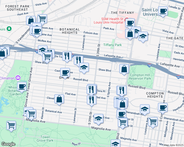 map of restaurants, bars, coffee shops, grocery stores, and more near 3910 Castleman Avenue in St. Louis