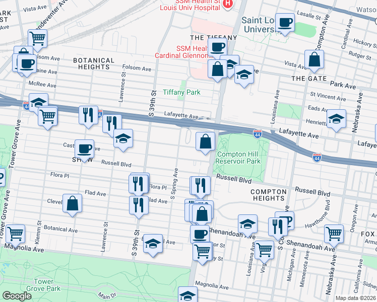 map of restaurants, bars, coffee shops, grocery stores, and more near 3643 Castleman Avenue in St. Louis