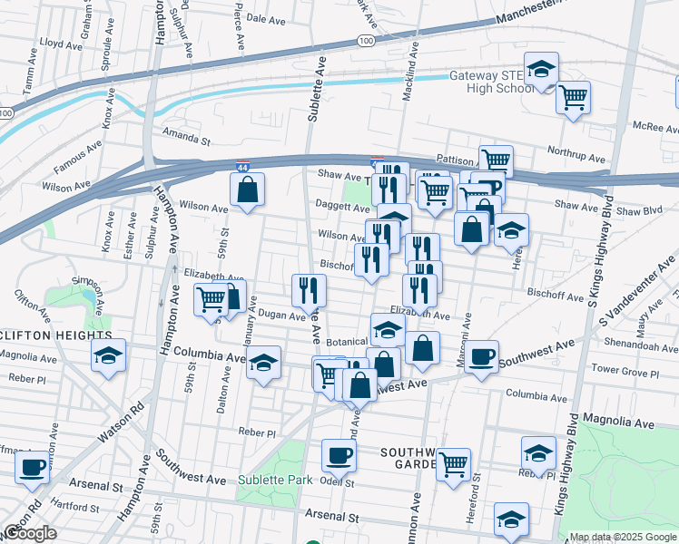 map of restaurants, bars, coffee shops, grocery stores, and more near 5437 Dempsey Avenue in St. Louis