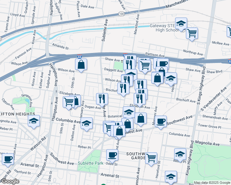 map of restaurants, bars, coffee shops, grocery stores, and more near 5437 Dempsey Avenue in St. Louis