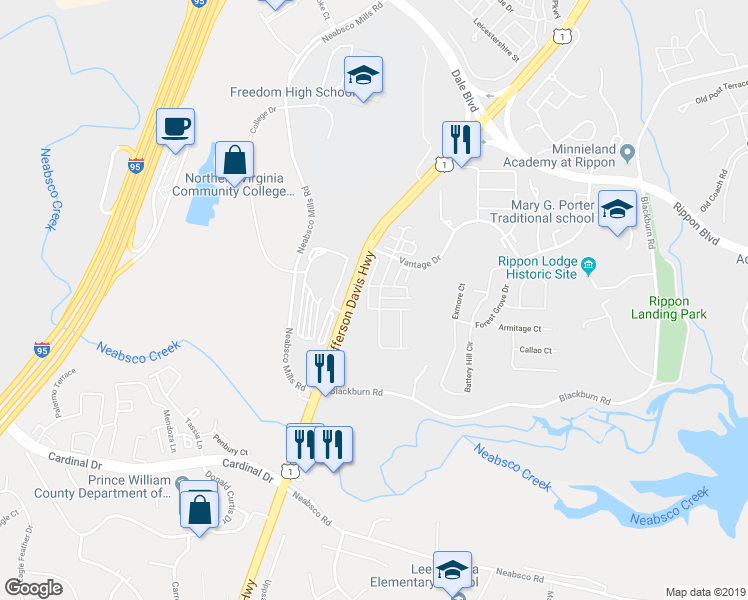 map of restaurants, bars, coffee shops, grocery stores, and more near 15569 John Diskin Circle in Woodbridge