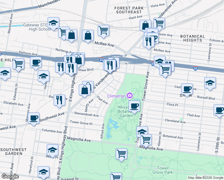 map of restaurants, bars, coffee shops, grocery stores, and more near 2019 Alfred Avenue in St. Louis