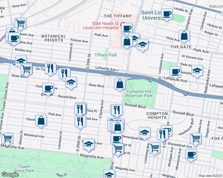 map of restaurants, bars, coffee shops, grocery stores, and more near 3650 Shaw Boulevard in St. Louis