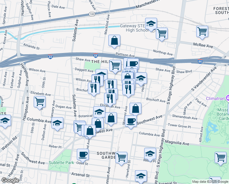 map of restaurants, bars, coffee shops, grocery stores, and more near 5250 Bischoff Avenue in St. Louis
