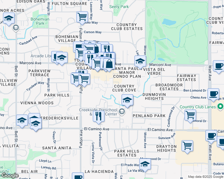 map of restaurants, bars, coffee shops, grocery stores, and more near 2760 Corabel Lane in Sacramento
