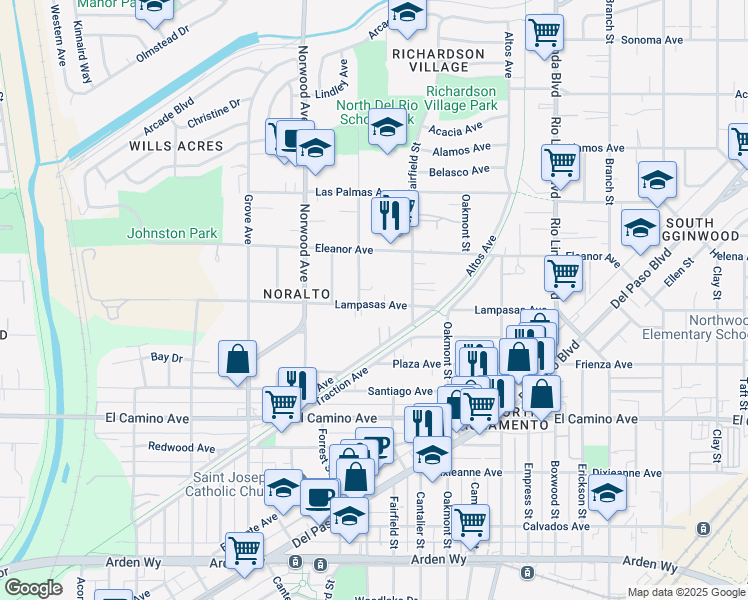 map of restaurants, bars, coffee shops, grocery stores, and more near 550 Lampasas Avenue in Sacramento